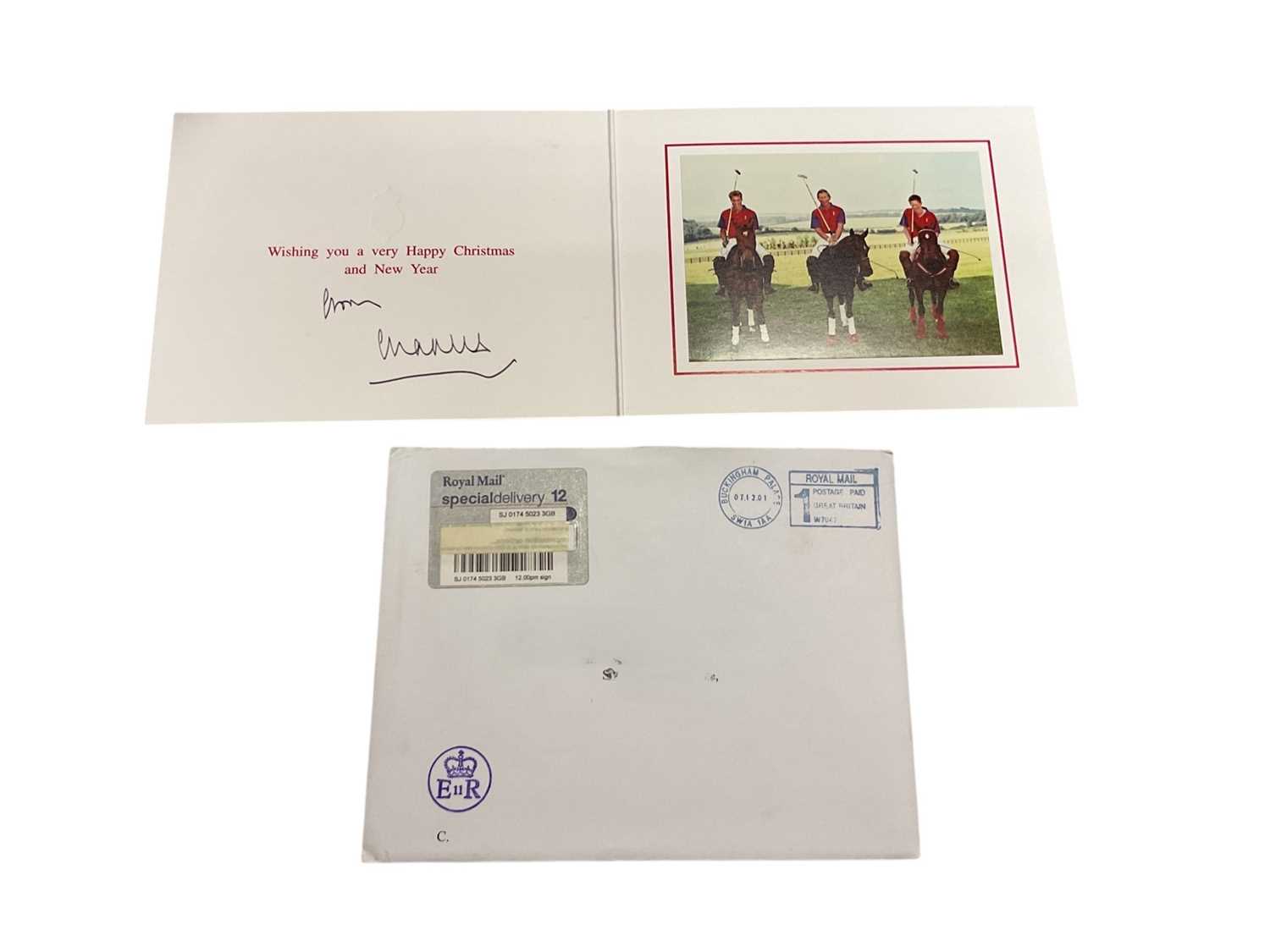 Lot 44 - H.R.H. Prince Charles Prince of Wales (now H.M. King Charles III), signed 2001 Christmas card with gilt Royal cyphers to cover, colour photograph of the relaxed Prince with his two sons on Polo p...