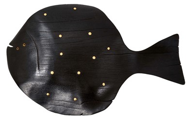 Lot 829 - Max Tannahill, contemporary, greenheart wooden sculpture, Black Sole, with burnt finish and applied decoration, signed and dated 2023 verso