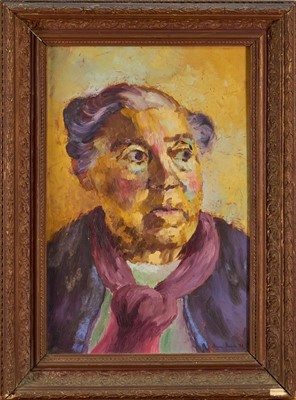 Lot 861 - Bryan N. Brooke (1915-1998) oil on board - Portrait of Lucy Harwood, painted at Benton End in March 1951, signed and dated verso, 46cm x 31.5cm, in gilt frame