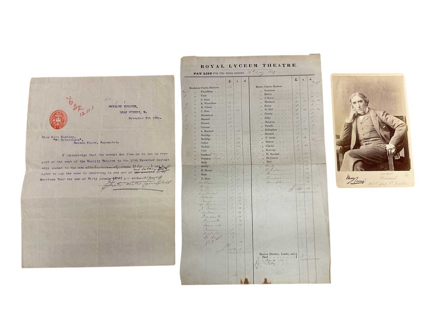 Lot 62 - The theatre and the arts, collection of 18th and 19th century correspondence and related ephemera including Sir Henry Irving signed portrait photograph, Royal Lyceum Theatre pay list for the wee...