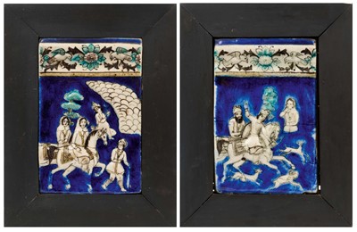 Lot 117 - Two 19th century Qajar tiles, each with scenes of nobles, on blue ground, framed