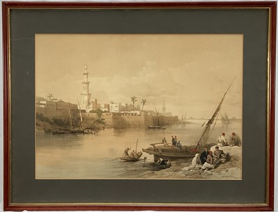 Lot 290 - After David Roberts, lithograph with tone and hand-coloured by Louis Haghe, View on the Nile Ferry to Gizeh, framed and glazed, 50 x 65cm