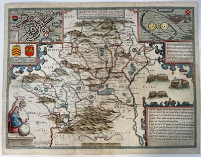 Lot 1155 - J. Speed, hand-coloured map of Hartfordshire (Hertfordshire), Pub Basset and Chiswell c 1660, 41 x 53cm