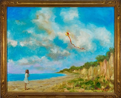 Lot 969 - Dave Ross (Contemporary) oil on board - Flying a Kite, signed and dated '24, 72cm x 90cm, in painted frame (generously donated by the artist to be sold benefiting St Helena Hospice)