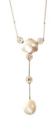 Lot 417 - Edwardian pearl and diamond necklace with two half pearls (not tested for natural origin), and four old cut diamonds in platinum millegrain setting on platinum knife bar links with platinum trac...