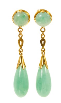 Lot 418 - Pair of jade pendant earrings, each with a pear shape drop suspended from a further jade cabochon, all in yellow metal setting, 40mm, in box.
