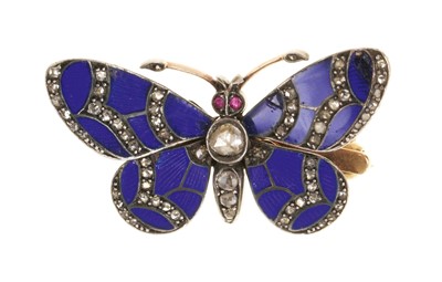 Lot 456 - Antique diamond and blue enamel butterfly brooch