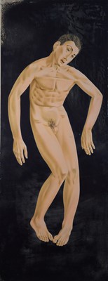 Lot 1084 - *Francis Plummer (1930-2019) egg tempera on board - Male Nude, 160cm x 62cm, unframed