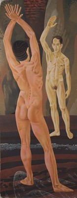 Lot 1085 - *Francis Plummer (1930-2019) egg tempera on board - Standing Male Nudes, 160cm x 62cm, unframed