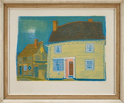 Lot 1030 - Sheila Robinson (1925-1988) signed linocut - Two Houses in Thaxted, dated 1970, inscribed in pencil, 45cm x 56cm, in glazed frame