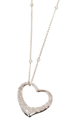 Lot 592 - Tiffany & Co. Diamond and 18ct white gold heart pendant designed by Elsa Peretti, the open heart with brilliant cut diamonds estimated to weigh approximately 1.00ct in total, signed, 35mm, o...