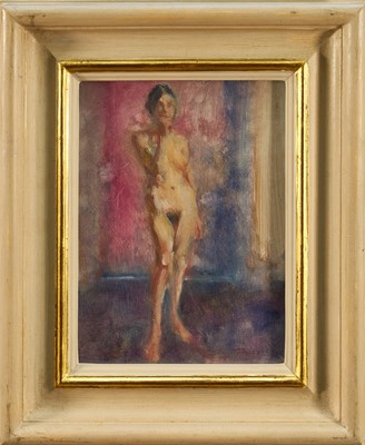 Lot 1042 - *Jonathan Trowell (1938-2013) oil on board - Venice Nude, signed, 19cm x 14cm, in glazed frame Provenance: the artist's studio, thence by family descent