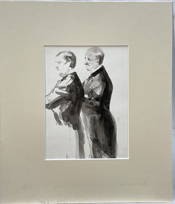 Lot 1051 - *Jonathan Trowell (1938-2013) monochrome watercolour sketch - Two Figures in Tailcoats, signed, 19cm x 14cm, mounted Provenance: the artist's studio, thence by family descent