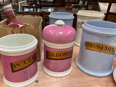Lot 5008 - Group of six Victorian drug jars, some with labels, including pink and blue glazed