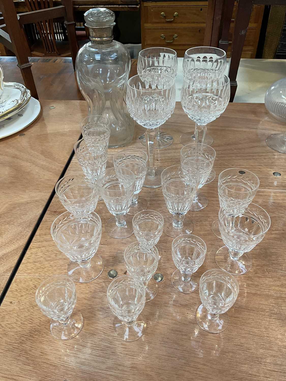 Lot 5013 - Four Waterford Colleen pattern wine glasses, together with Stuart Crystal glasses, and a silver collared waisted decanter with non-matching stopper