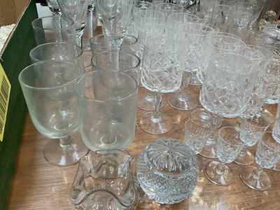 Lot 5015 - Group of 19th century and later glassware, including a cut glass candlestick, rummers, decanters, etc