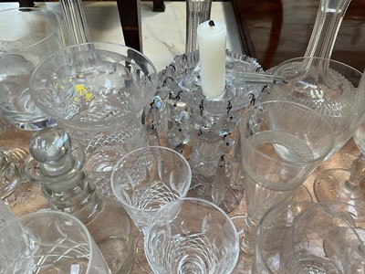 Lot 5015 - Group of 19th century and later glassware, including a cut glass candlestick, rummers, decanters, etc