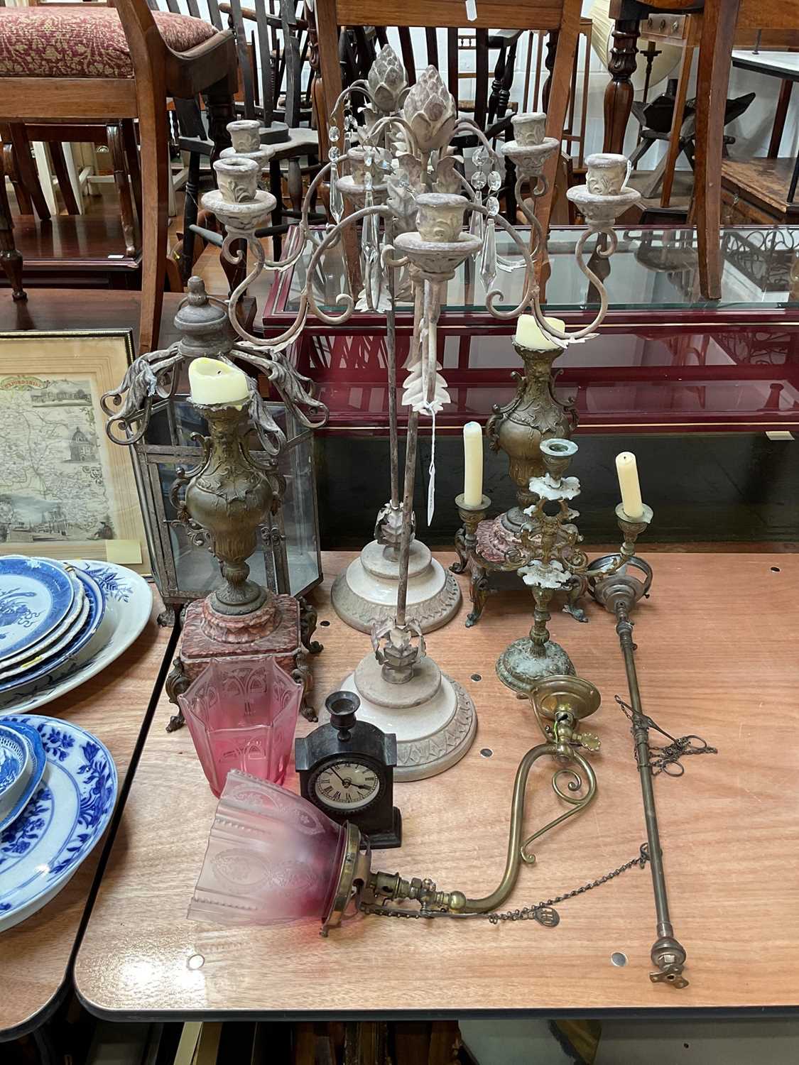 Lot 5020 - Group of antique and later lighting, including candelabra, brass wall mounted light with cranberry shade, etc