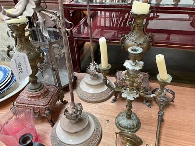 Lot 5020 - Group of antique and later lighting, including candelabra, brass wall mounted light with cranberry shade, etc