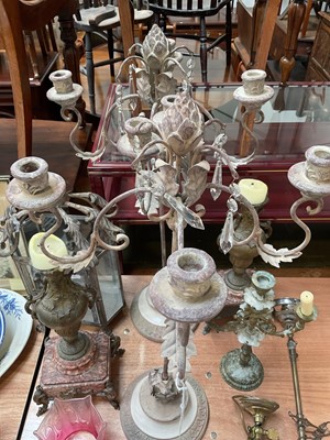 Lot 5020 - Group of antique and later lighting, including candelabra, brass wall mounted light with cranberry shade, etc