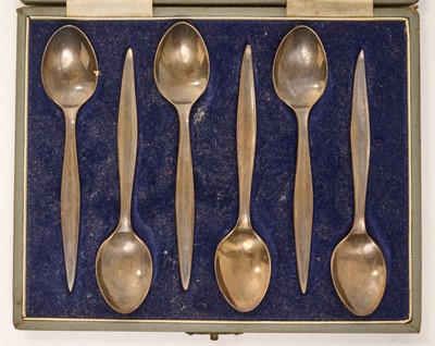 Lot 500 - Geoffrey Guy Bellamy (1922 - 1997), set of six contemporary silver coffee spoons, (Sheffield 1959), maker Geoffrey Bellamy, in a Liberty of London, fitted retailers case, each 9.6cm in length.