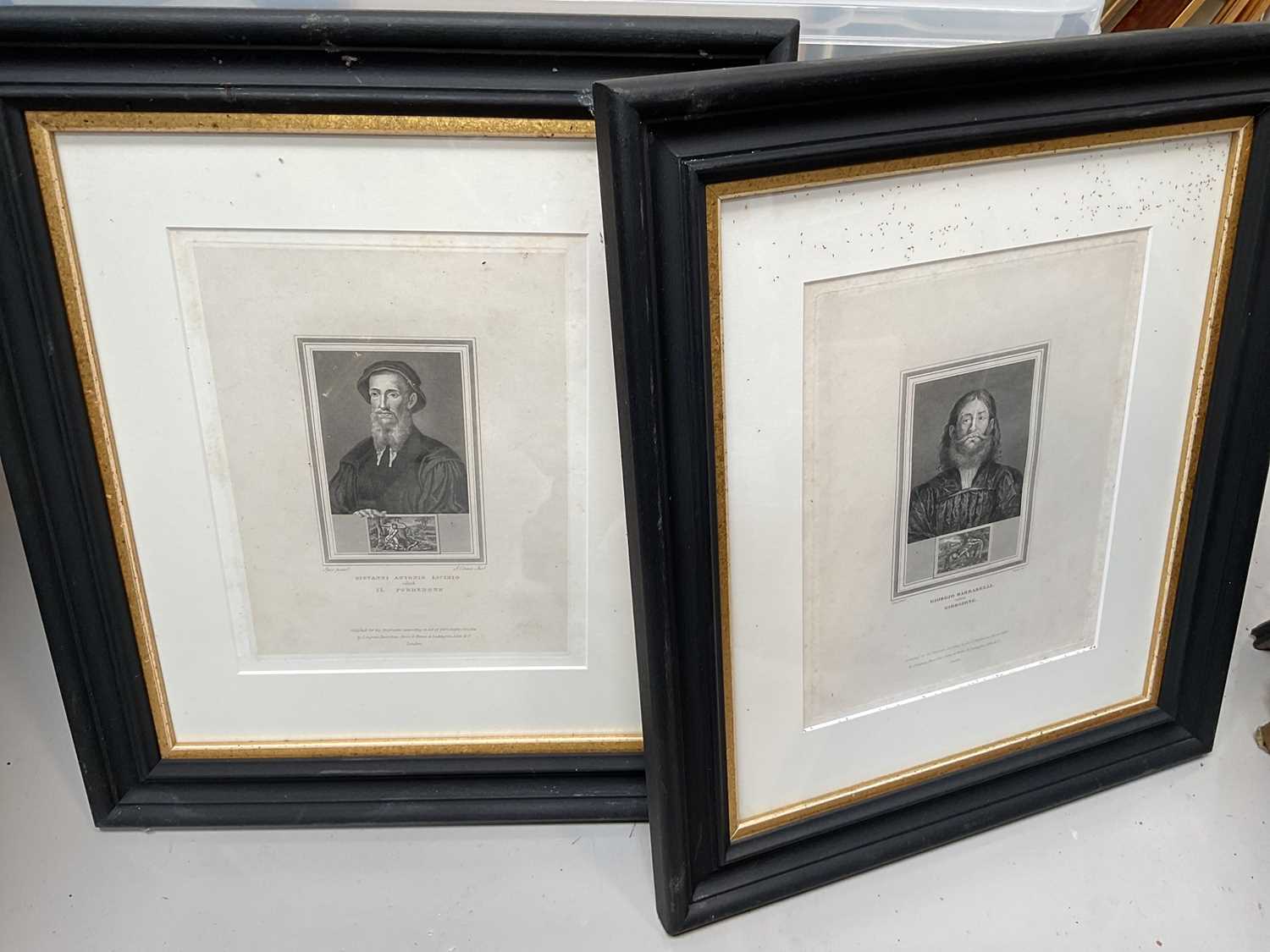 Lot 5032 - Set of seven 19th century engravings - portraits of Old Masters, including Holbein, Giorgione, etc, published 1825, framed
