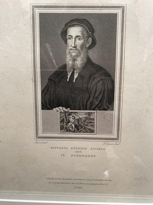 Lot 5032 - Set of seven 19th century engravings - portraits of Old Masters, including Holbein, Giorgione, etc, published 1825, framed