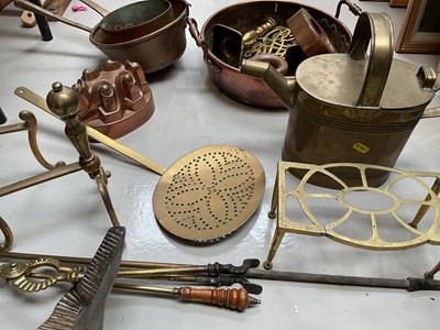 Lot 5033 - Group of copper and brassware, including jelly moulds, watering can, saucepan, etc