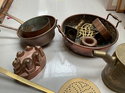 Lot 5033 - Group of copper and brassware, including jelly moulds, watering can, saucepan, etc