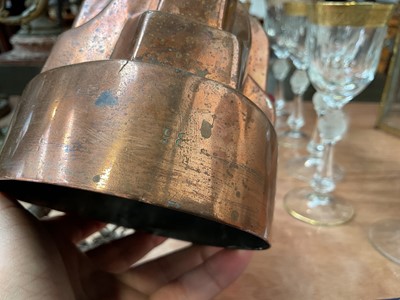 Lot 5033 - Group of copper and brassware, including jelly moulds, watering can, saucepan, etc