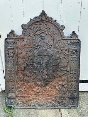 Lot 1357 - Late 17th century cast iron fireback decorated with the arms of William IV Prince of Orange and Mary, Queen of Great Britain as Prince and Princess of Orange, dating the fireback between 1689 an...