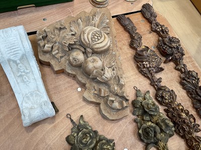 Lot 5045 - Group of decorative items, including corbels, wooden carving of fruit, wall mounted pieces, etc