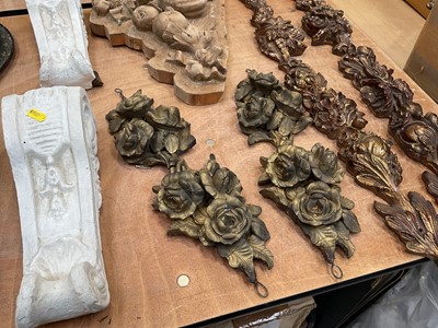 Lot 5045 - Group of decorative items, including corbels, wooden carving of fruit, wall mounted pieces, etc