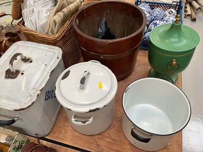 Lot 5046 - Group of decorative items, including toleware, brass bound planter, carpet bowls, enamel kitchen ware, etc