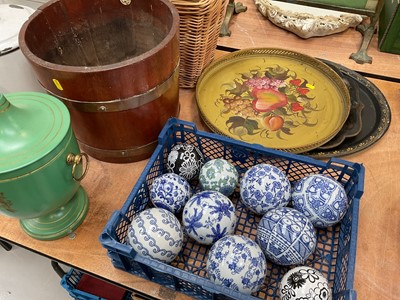 Lot 5046 - Group of decorative items, including toleware, brass bound planter, carpet bowls, enamel kitchen ware, etc