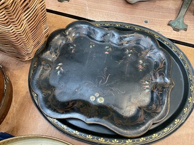 Lot 5046 - Group of decorative items, including toleware, brass bound planter, carpet bowls, enamel kitchen ware, etc