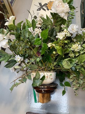 Lot 5066 - Dickins & Jones wedding dress in original box, a mahogany canteen with some silver plated cutlery, and an artificial flower display