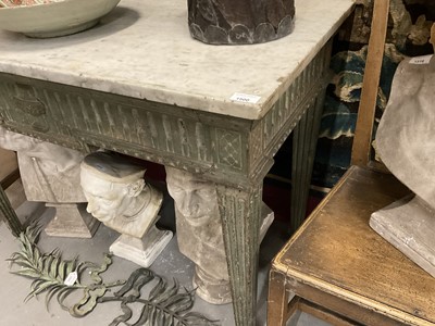 Lot 1500 - Good French Louis XVI green painted side table, the rectangular white marble top supported on a green painted base with carved frieze with central urn mount, on square tapered and fluted legs