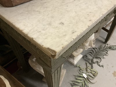 Lot 1500 - Good French Louis XVI green painted side table, the rectangular white marble top supported on a green painted base with carved frieze with central urn mount, on square tapered and fluted legs