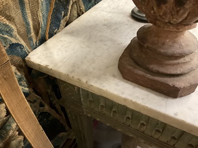 Lot 1500 - Good French Louis XVI green painted side table, the rectangular white marble top supported on a green painted base with carved frieze with central urn mount, on square tapered and fluted legs
