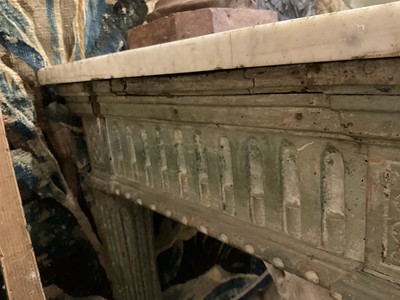 Lot 1500 - Good French Louis XVI green painted side table, the rectangular white marble top supported on a green painted base with carved frieze with central urn mount, on square tapered and fluted legs