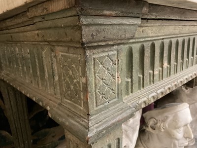 Lot 1500 - Good French Louis XVI green painted side table, the rectangular white marble top supported on a green painted base with carved frieze with central urn mount, on square tapered and fluted legs