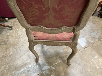 Lot 1503 - 19th century Italian painted side chair, the arched upholstered back above a drop-in seat, with carved frieze, on cabriole legs