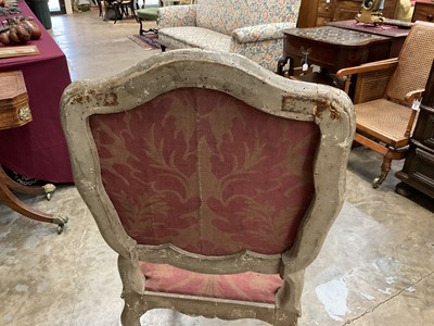 Lot 1503 - 19th century Italian painted side chair, the arched upholstered back above a drop-in seat, with carved frieze, on cabriole legs
