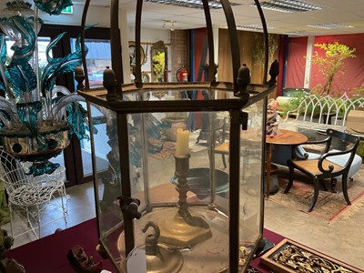 Lot 1507 - Good quality early 19th century brass hexagonal hall lantern with arched and scrolling supports