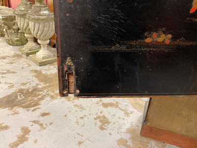 Lot 1522 - Late 17th / early 18th century Chinese lacquer cabinet on stand, the twin hinged doors decorated with landscapes, brass strap hinges, enclosing an arrangment of drawers, on square legs