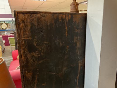 Lot 1522 - Late 17th / early 18th century Chinese lacquer cabinet on stand, the twin hinged doors decorated with landscapes, brass strap hinges, enclosing an arrangment of drawers, on square legs