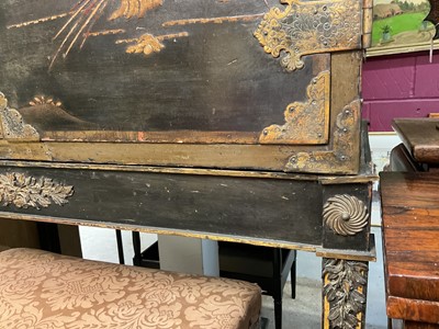 Lot 1522 - Late 17th / early 18th century Chinese lacquer cabinet on stand, the twin hinged doors decorated with landscapes, brass strap hinges, enclosing an arrangment of drawers, on square legs