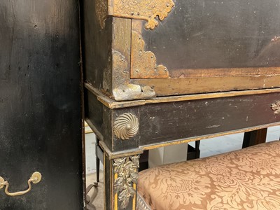 Lot 1522 - Late 17th / early 18th century Chinese lacquer cabinet on stand, the twin hinged doors decorated with landscapes, brass strap hinges, enclosing an arrangment of drawers, on square legs