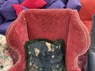Lot 1523 - 19th century, George I style wing armchair, velvet upholstery, loose cushion, on carved cabriole legs